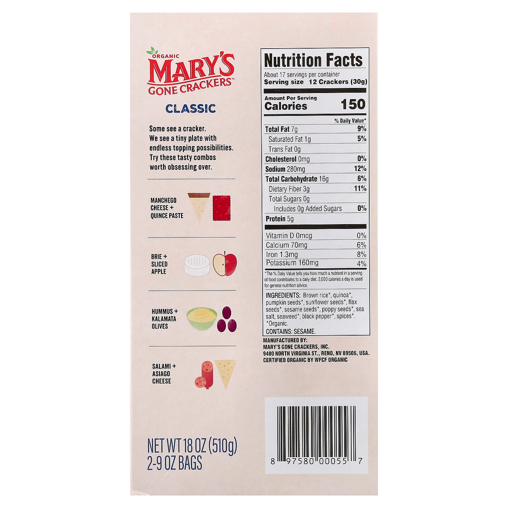 Mary's Gone Crackers, крекеры Super Seed, классические, 2 пакета по 9 унций