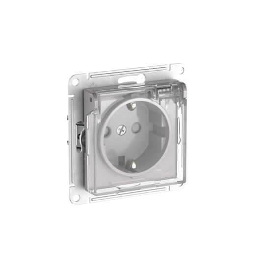 ATLASDESIGN AQUA РОЗЕТКА с зазем. со шт. с прозрач. крыш,16А,IP44, мех., быстрозажим. клем.,АЛЮМИНИЙ