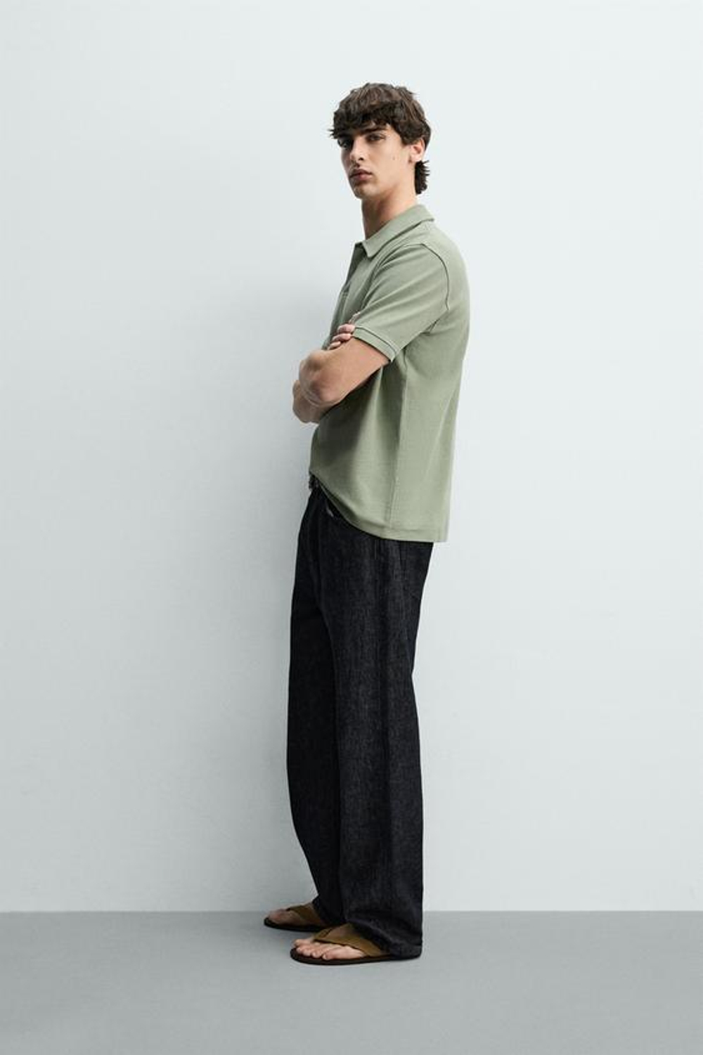 ZARA ПОЛО REGULAR FIT С РЕЛЬЕФНОЙ СТРУКТУРОЙ, ЗЕЛЕНЫЙ