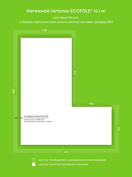 Матовый натяжной потолок 14.1 м2