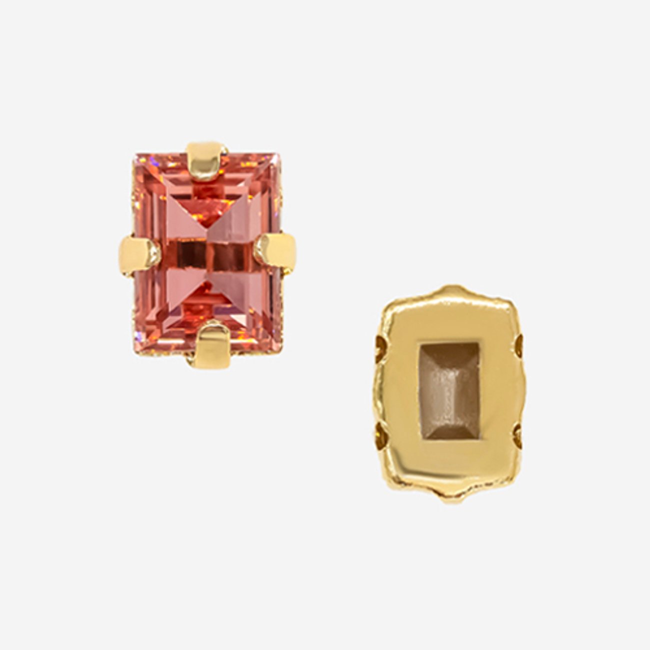 Кристалл Прямоугольник (Step Cut Fancy Stone) в цапах, оттенок "Падпараджа"/"Padparadsha", 9*7мм, позолота