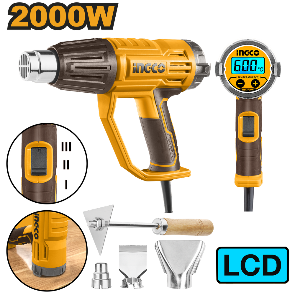 Фен строительный INGCO HG200058 INDUSTRIAL с ЖК-дисплеем 50-600°C 2,0 кВт