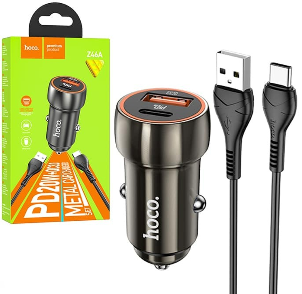 Автомобильный адаптер питания HOCO Z46A PD 20W + QC 3.0 + кабель Type-C (черный)
