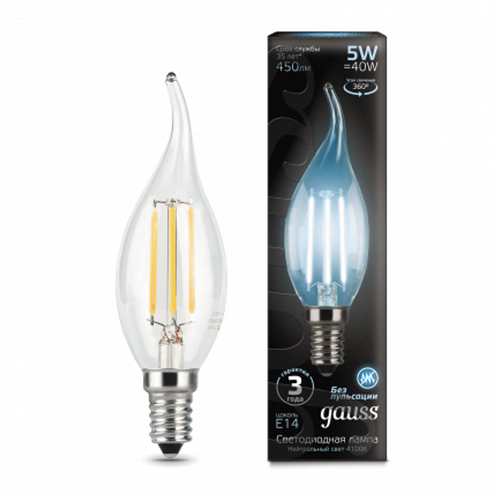 Лампа Gauss LED Filament Свеча на ветру 5W E14 450lm 4100K 104801205