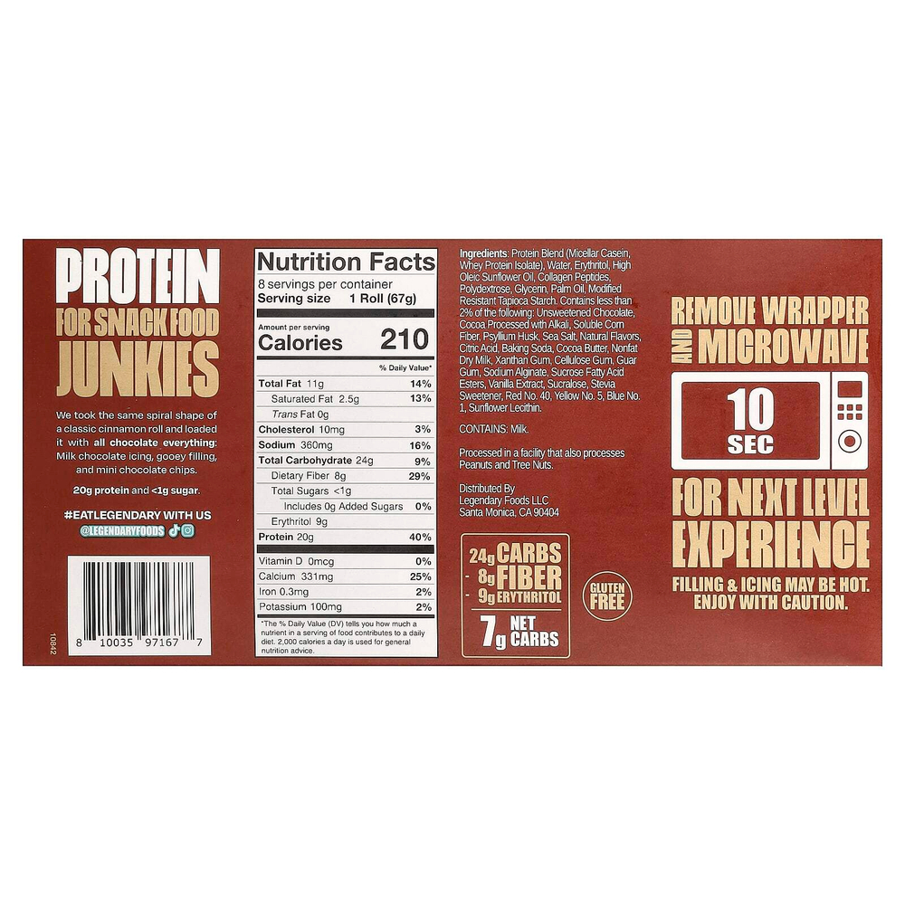 Legendary Foods, протеиновый сладкий рулет, молочный шоколад, 8 упаковок по 67 г (2,4 унции)