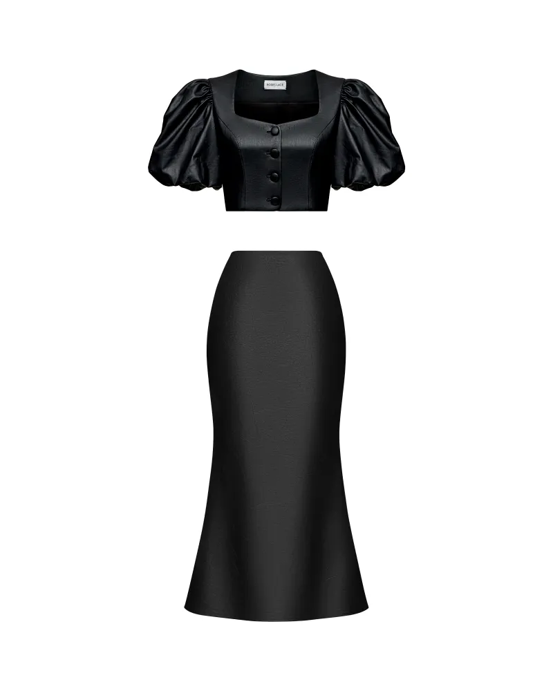 Шанель-Керелин миди (Chanelle-Kerelin midi), комплект топ и юбка миди из черной экокожи