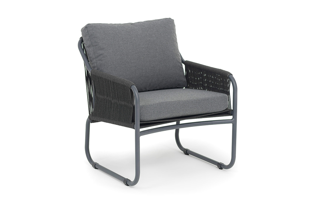 "Ането" кресло плетеное из роупа, каркас алюминий темно-серый (RAL7024) муар, роуп темно-серый круглый, ткань темно-серая 027