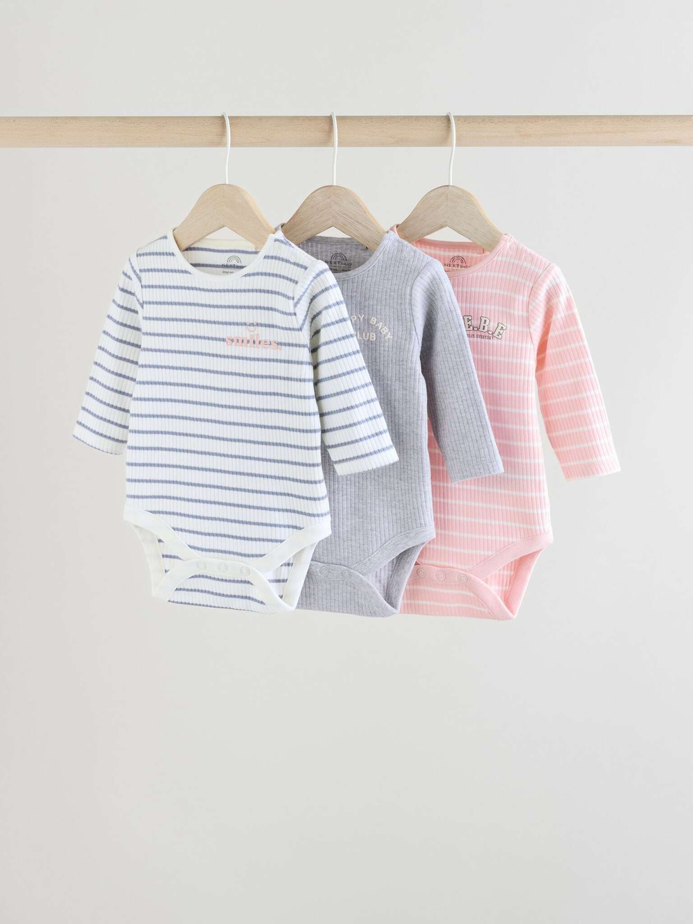 Боди с длинным рукавом для малышей Next E92-957, 3 шт., Белый, Серый, Розовый
