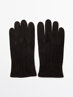 Massimo Dutti Перчатки из козьей кожи с замшевой выделкой, коричневый