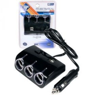 Разветвитель прикуривателя 3гнезда + 2USB+ провод Nova Bright 46902