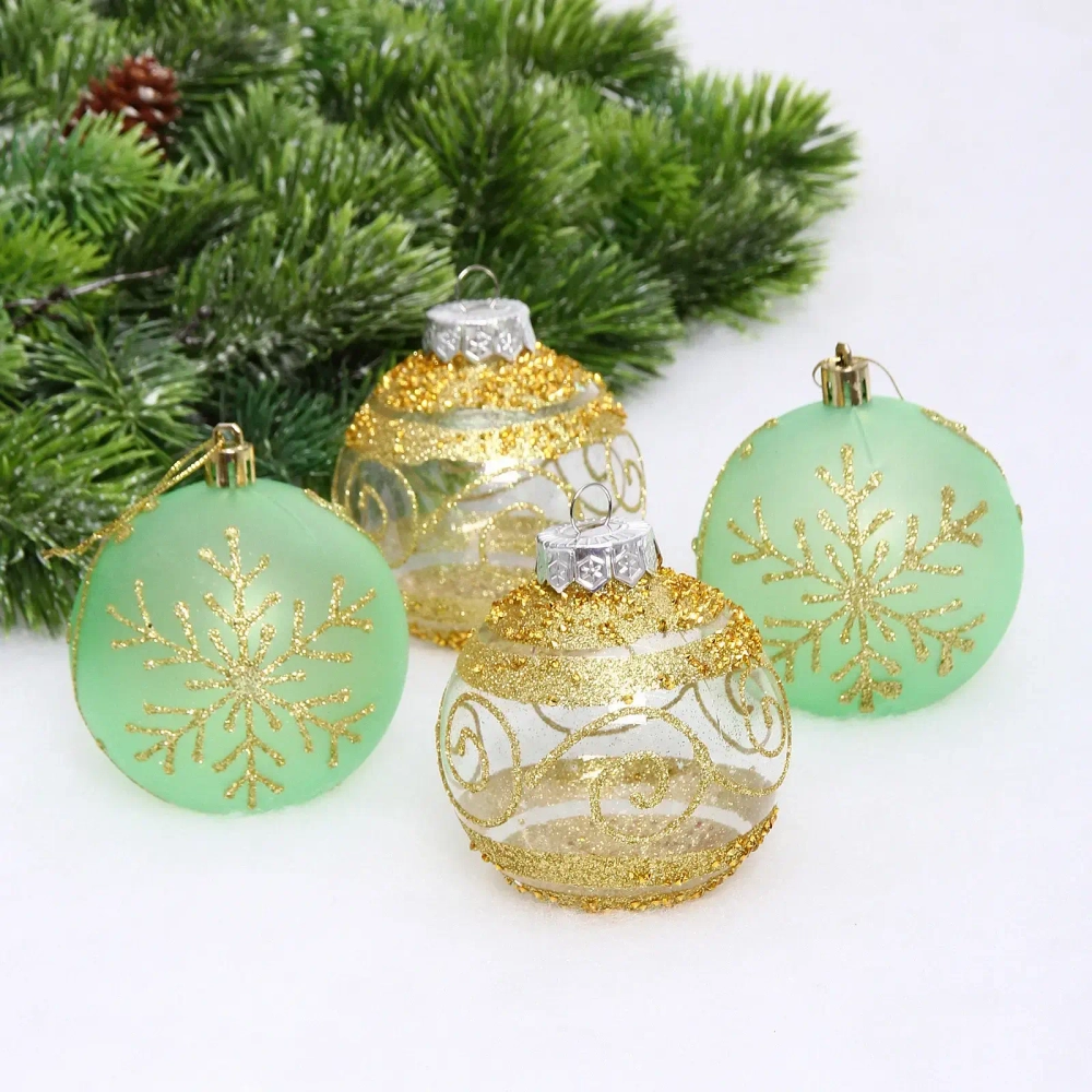 Набор шаров «Морозная вуаль» 8 см (в наборе 4 шт), Нежно-зеленый, золото