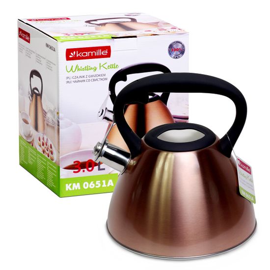 Чайник 3 л. из нержавеющей стали со свистком Kamille KM 0651A (бронзовый) и черной бакелитовой ручкой