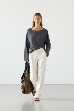 Massimo Dutti Льняной свитер с вырезом «лодочка», темно-синий