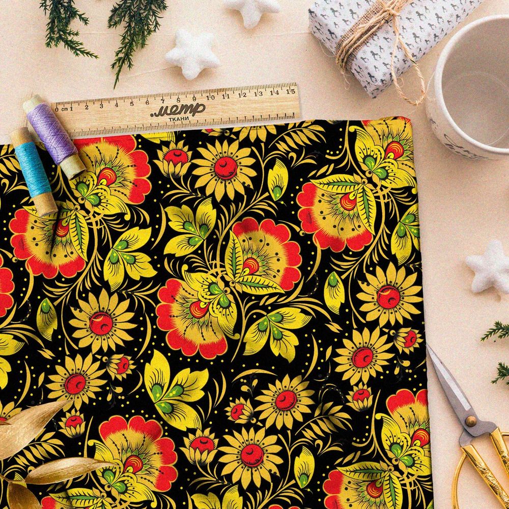 Ткань оксфорд 600 крупная плотная хохлома из цветов на чёрном фоне