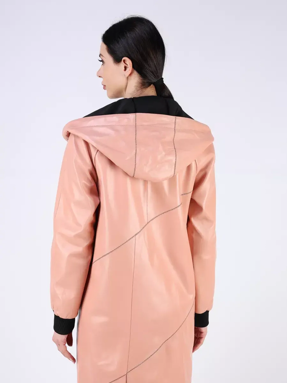 Кожаный плащ длинный с капюшоном пальто