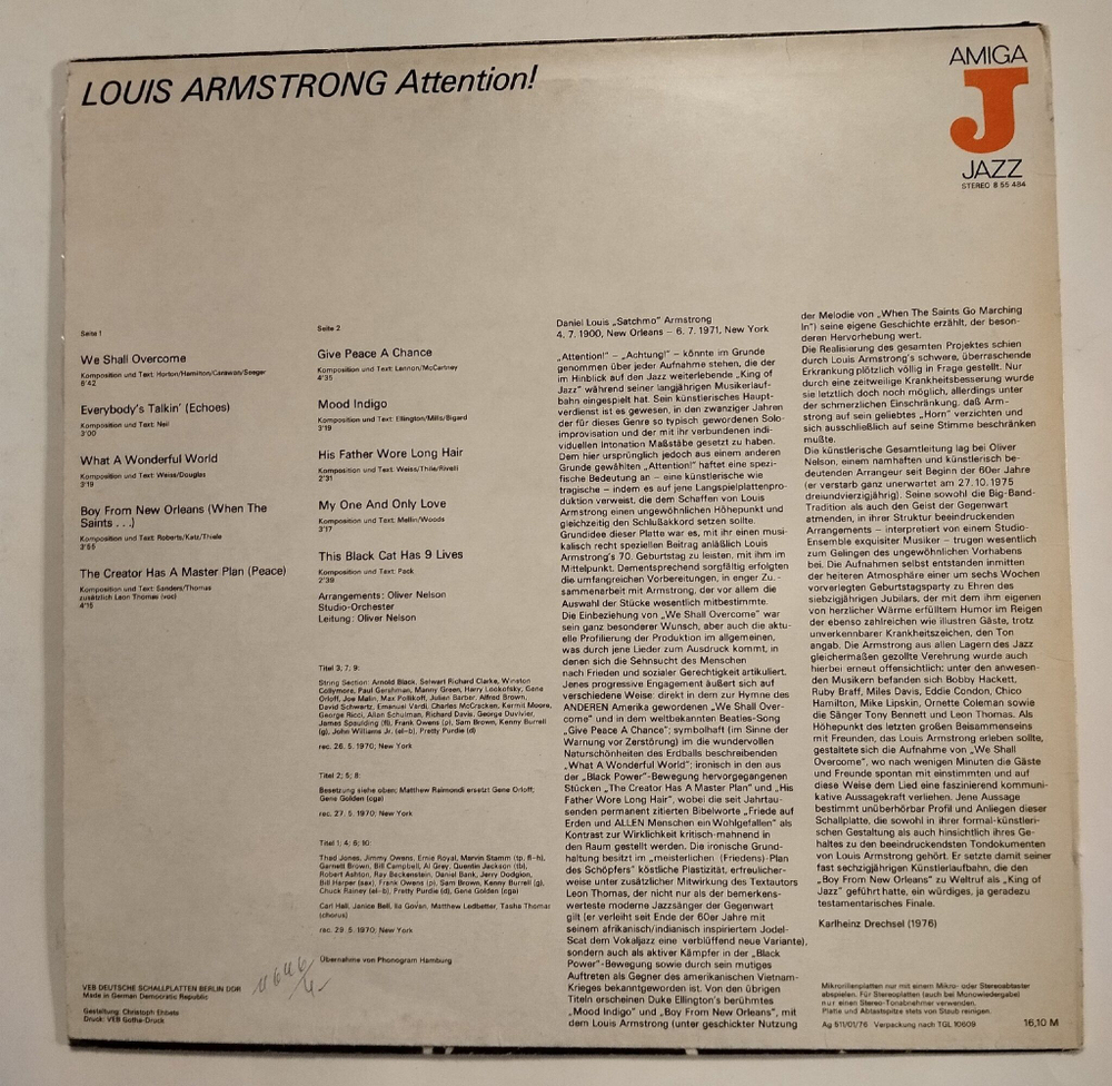 Винтажная виниловая пластинка LP Louis Armstrong Луи Армстронг Attention (ГДР 1980)