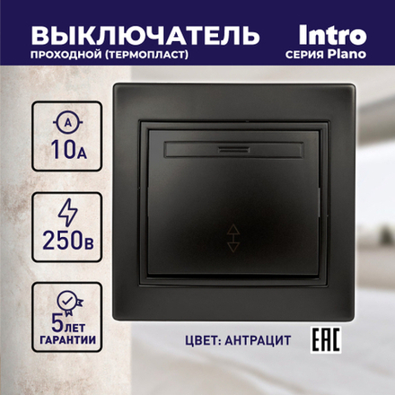 Переключатель Intro Plano 1-103-05 одноклавишный 10А-250В, IP20, СУ, антрацит