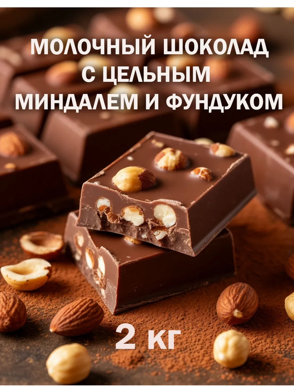 Шоколад молочный 2кг с орехами, брикет