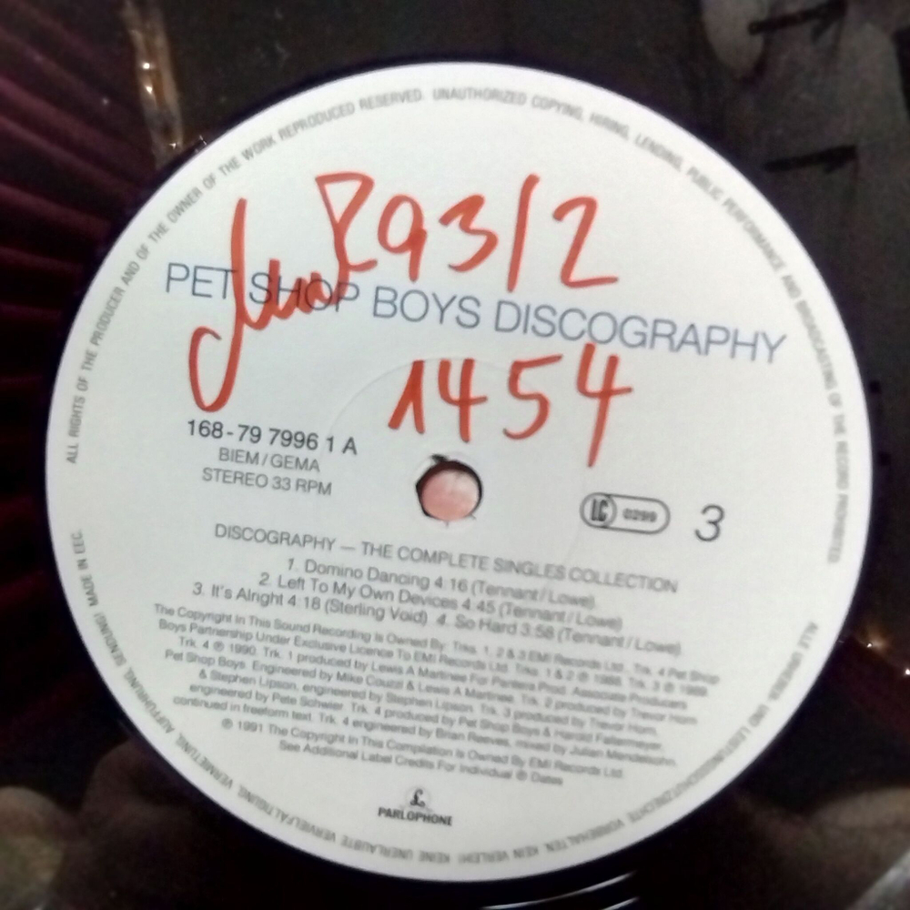 Винтажная виниловая пластинка LP Pet Shop Boys Discography (The Complete Singles Collection) (Germany 1991)