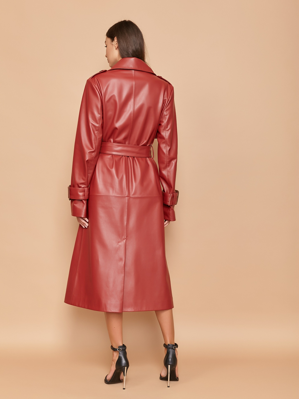 Тренч двубортный кожаный терракотовый