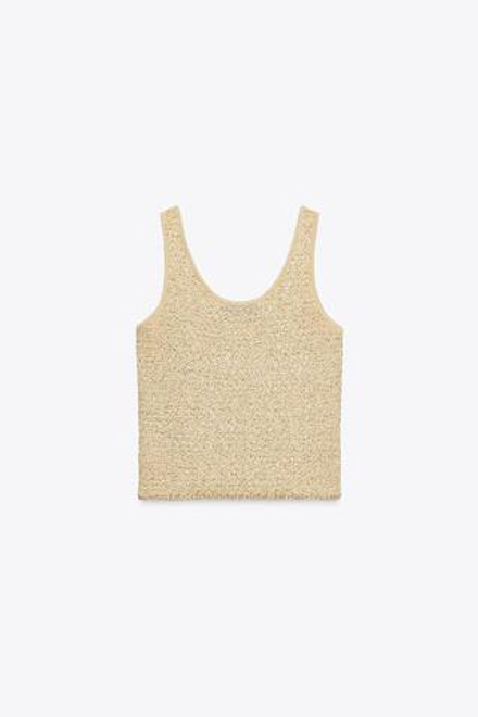 ZARA ТРИКОТАЖНЫЙ ТОП С ПАЙЕТКАМИ, ЦВЕТ СЛИВОЧНОГО МАСЛА