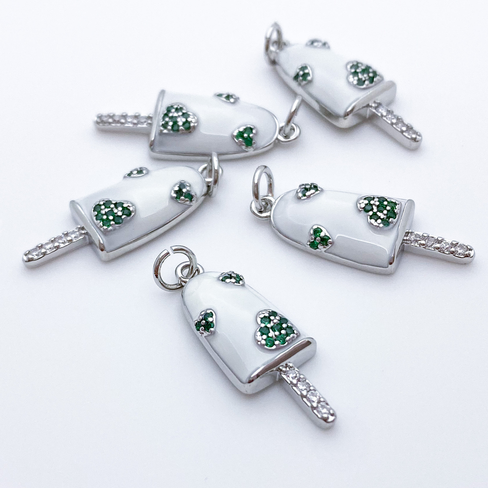 Подвеска Мороженое эскимо, цвет белый+зеленый+серебро, размер 25*9 мм, цена за 1 шт