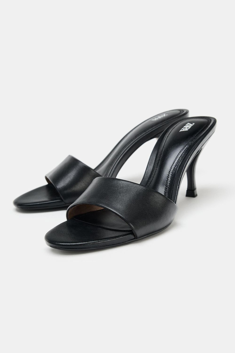 ZARA КОЖАНЫЕ БОСОНОЖКИ НА КАБЛУКЕ, ЧЕРНЫЙ
