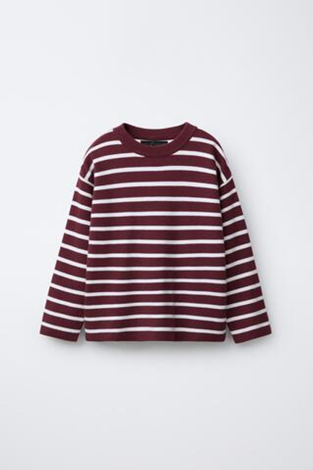 ZARA ТРИКОТАЖНАЯ ФУТБОЛКА В ПОЛОСКУ, БОРДОВЫЙ/ЭКРЮ