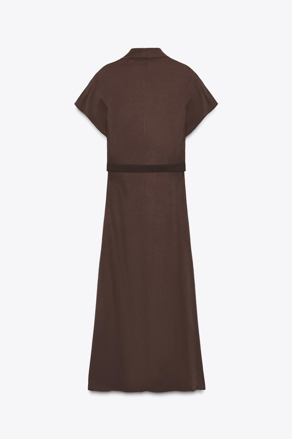 ZARA ПЛАТЬЕ МИДИ С ВЫРЕЗОМ И ПОЯСОМ, КОРИЧНЕВЫЙ