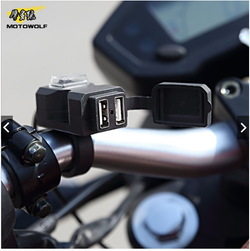 USB charger, slim, 2 slots, Fast charge. Dual USB. Handlebar/10mm Mirror mount. Motowolf