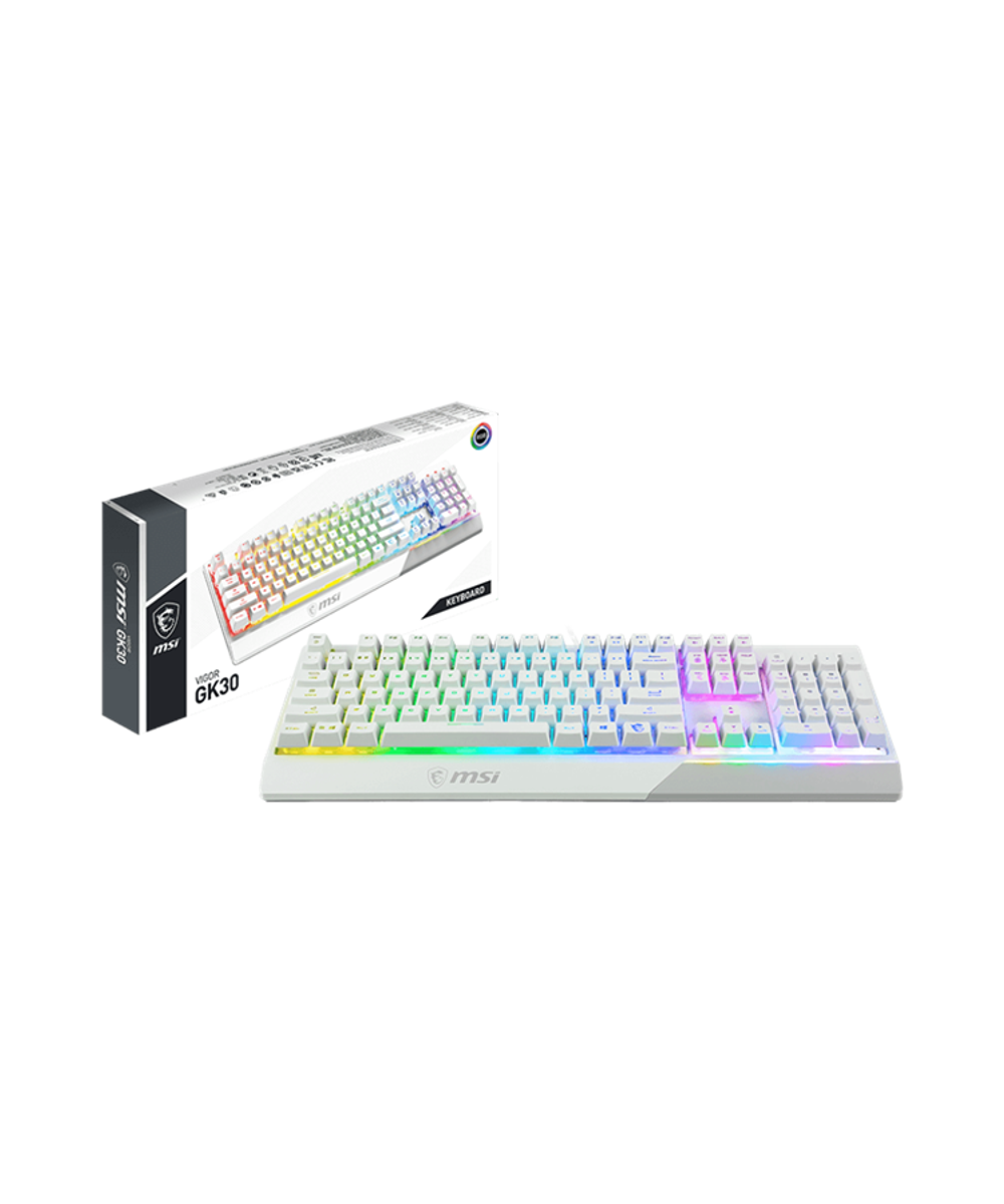 Gaming Keyboard MSI VIGOR GK30, Wired, Mechanical-like plunger switches. 6 zones RGB lighting with several lighting effects. Anti-ghosting Capability. Water Resistant (spill-proof), White