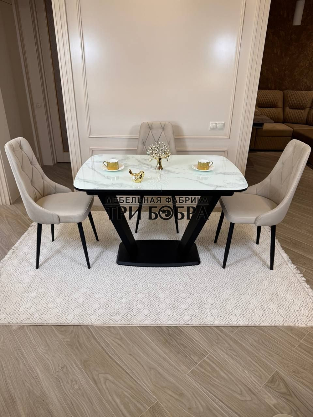 Кухонный раскладной стол "Прадо" белый мрамор и 4 стула ЛОНДОН