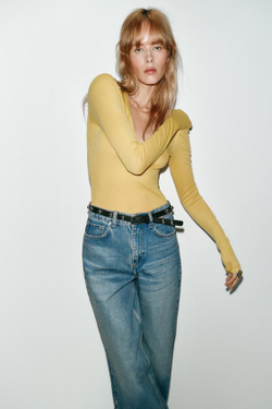 ZARA ДЖИНСЫ Z1975 С ВЫСОКОЙ ПОСАДКОЙ, ЗАУЖЕННЫЕ КНИЗУ, С РЕМНЕМ, ГОЛУБОЙ