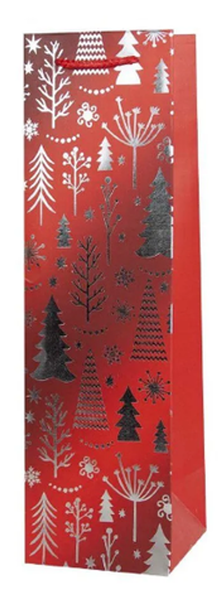 Пакет подарочный для вина, Новогодний, Дизайн №2, Красный, Металлик, 38*11*11 см, 1 шт.