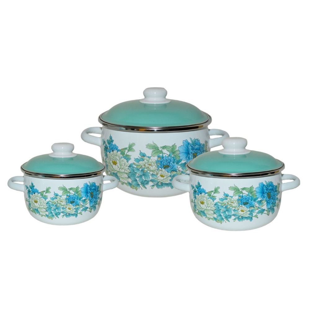 Набор эмалированной посуды 6 пр, кастрюли 2,3,5.5 л, СтальЭмаль, Голубой Лотос, 6KA191M