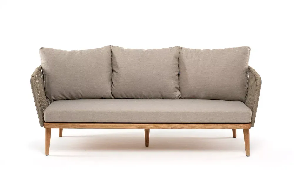 "Мальорка" диван 3-местный плетеный из роупа, основание дуб, роуп серо-коричневый 23мм, ткань бежевая 052