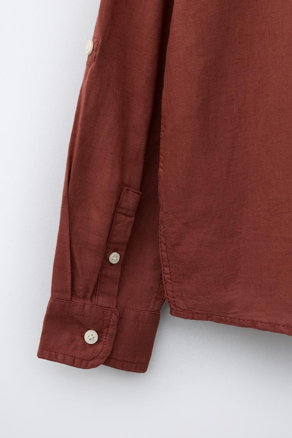 ZARA РУБАШКА С ВОРОТНИКОМ-СТОЙКОЙ ИЗ ЛЬНА И ХЛОПКА, БОРДОВЫЙ