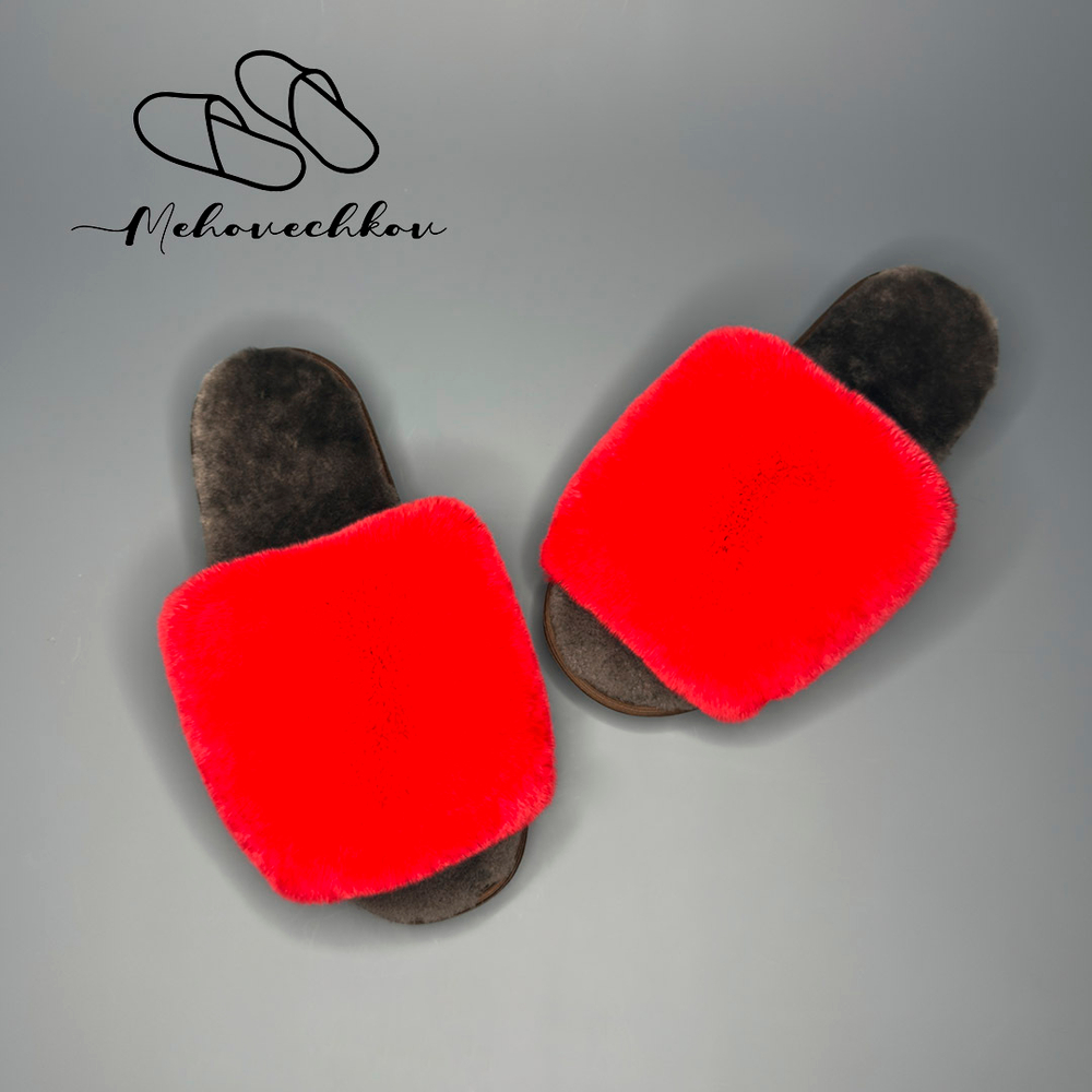 Тапочки для дома из меха кролика| Красный