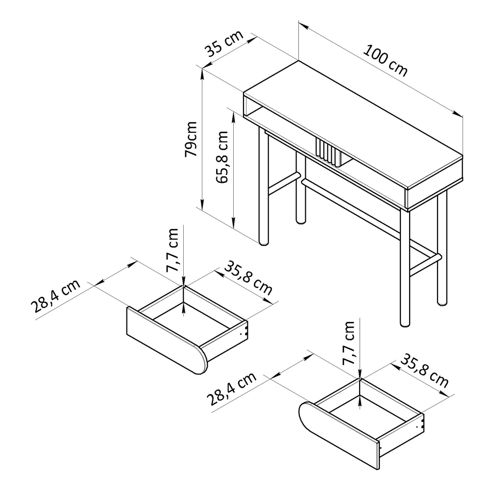 Туалетный столик, 100х35х79, Ола, консольный, с ящиками, косметический, для девочки, на ножках из сосны, Dipriz