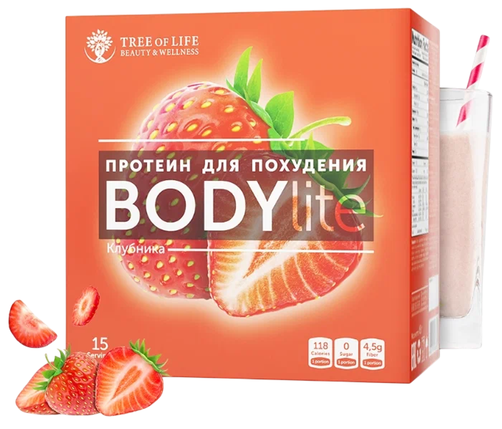 Tree of Life BODYlite 1 порция / 15 порций, Многокомпонентный Протеин для Похудения, Клубника