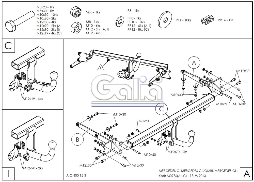 Фаркоп оцинкованный Galia M097A для Mercedes C-Class w203 седан / s203 универсал 2000-2007, Mercedes CLK 2002-2009(паспорт и сертификат в комплекте)(без электрики)