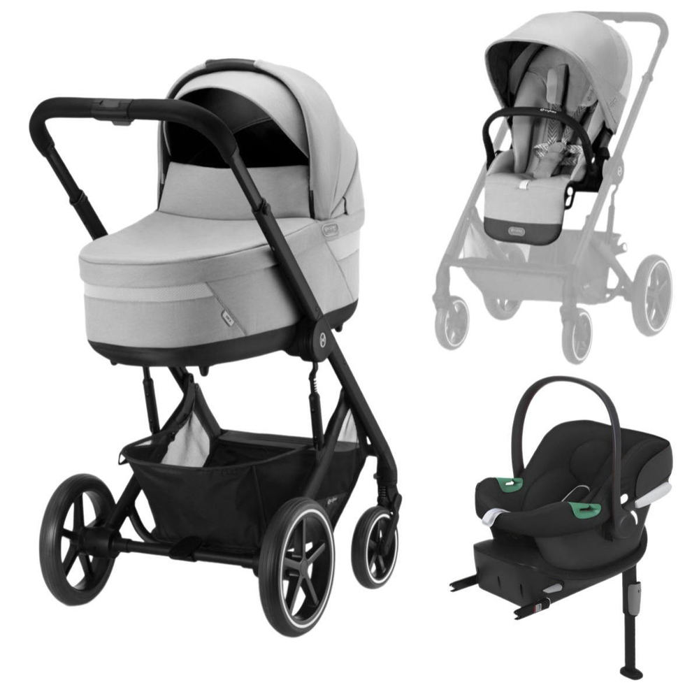 Коляска 3 в 1 Cybex Balios S Lux BLK и автокресло Aton B2 i-Size Volcano Black с базой isofix Base One Lava Grey с дождевиком
