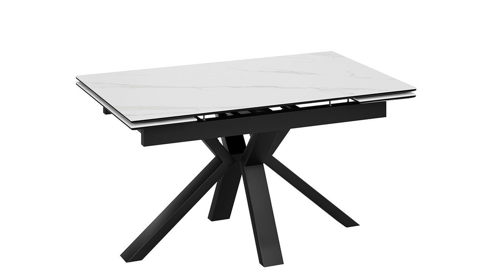 Стол кухонный обеденный раздвижной Черный муар/Керамика матовая белый мрамор 140(200)х85х76 см