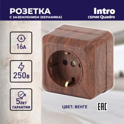 Розетка Intro Quadro 2-202-10 с заземлением 2P+E Schuko, 16А-250В, IP20, ОУ, венге
