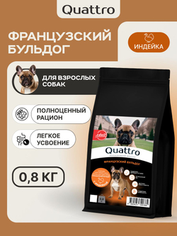 Корм сухой для взрослых собак породы Французский бульдог, с индейкой, 800 гр, QUATTRO