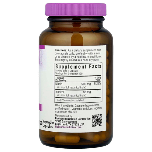 Bluebonnet Nutrition, Ниацин, не вызывающий смывания, 500 мг, 120 растительных капсул