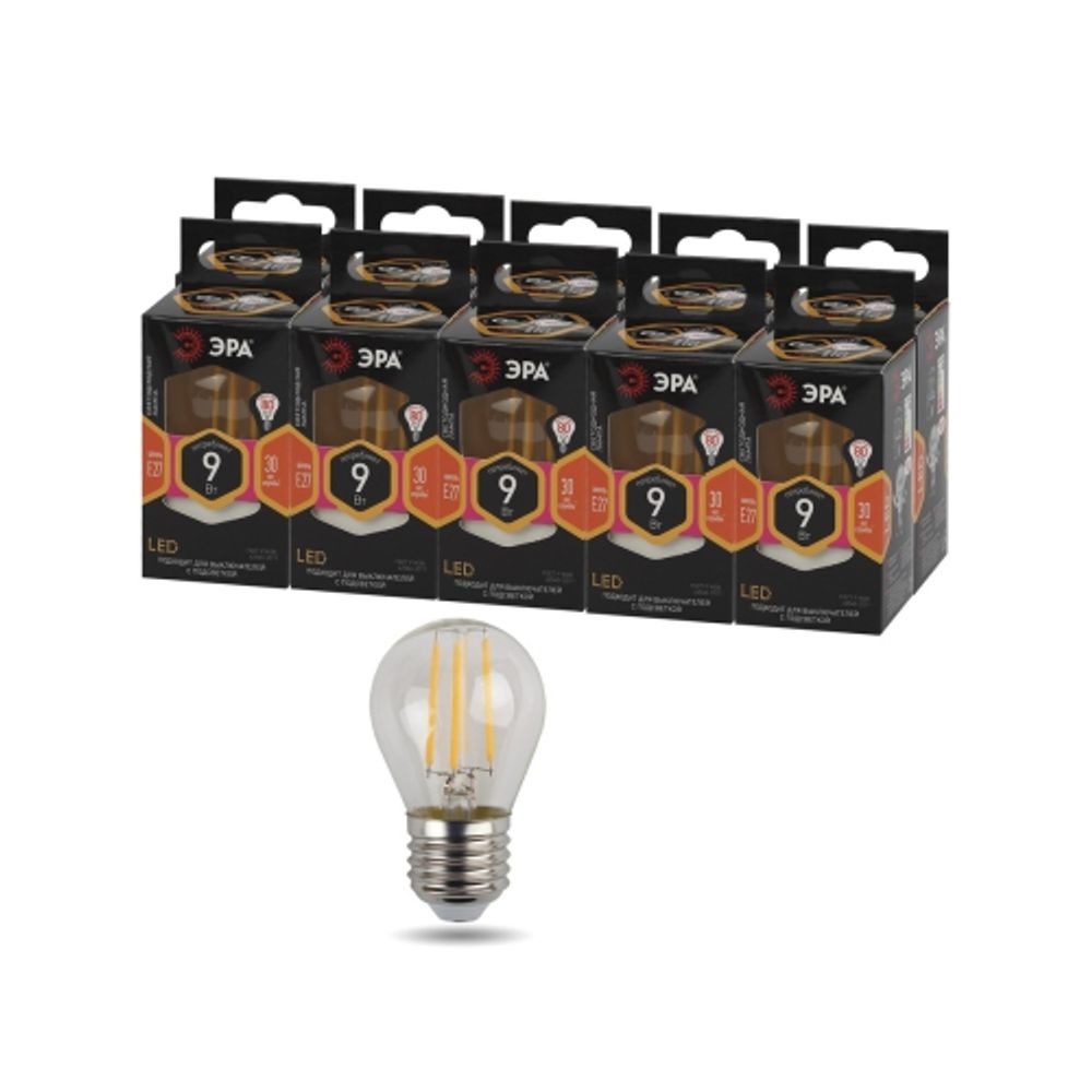Лампа светодиодная ЭРА F-LED P45-9W-827-E27 9Вт филамент шар теплый белый свет Е27 | Филаментные декоративные