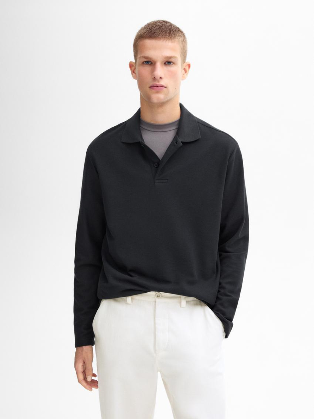 Massimo Dutti Поло комфортного кроя с длинными рукавами, черный