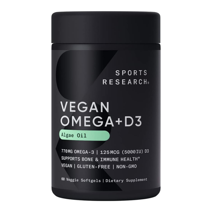 Вегетарианская Омега-3 630 мг с витамином Д3 5000 МЕ, Vegan Omega-3 630 mg + Vitamin D3 5000 iu, Sports Research, 60 вегетарианских капсул