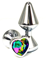 Серебристая анальная пробка с радужным кристаллом-сердцем - 8 см. (Цвет: разноцветный)